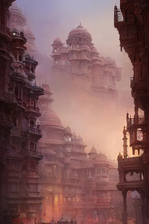 Image similar to old indian city with a breathtaking view of a magnificent maharajah palace at pink dawn, intricate, elegant, volumetric lighting, digital painting, highly detailed, artstation, sharp focus, illustration, concept art, ruan jia, steve mccurry