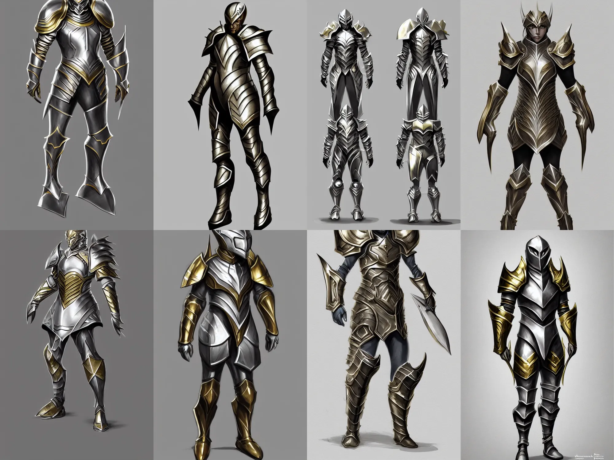 Prompt: fantasy armor, professional concept sketch, silver with gold trim, extremely polished, heavy exaggerated proportions, flat shading, smooth, uncluttered, extremely clean, fantasy character portrait, professional concept art, front view, A-pose, full body