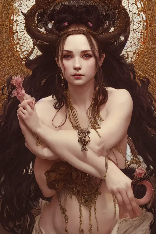 Prompt: Portrait of beautiful demon peasant maiden with horns, intricate, elegant, highly detailed, digital painting, artstation, concept art, smooth, sharp focus, illustration, art by artgerm and greg rutkowski and alphonse mucha