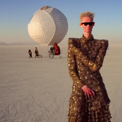 Image similar to tilda swinton at burning man, malti klarwein style