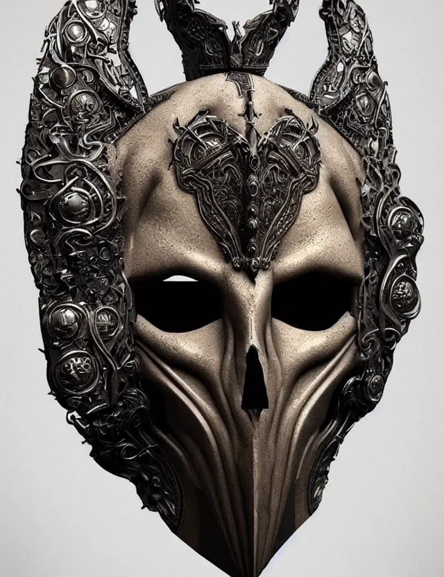 Image similar to 3 d goddess close - up profile portrait russian batman mask with ram skull. beautiful intricately detailed mask. artwork by giger and dali and beeple and greg rutkowski