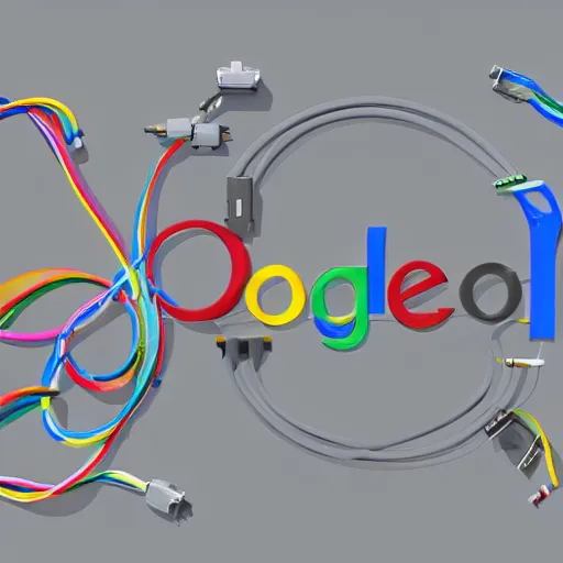 Image similar to new google logo design of a computerized robot with lots of cables and tools