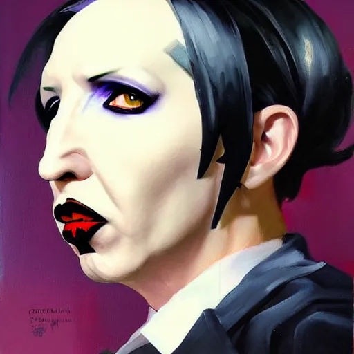 Image similar to Greg Manchess portrait painting of Marilyn Manson as Overwatch character, medium shot, asymmetrical, profile picture, Organic Painting, sunny day, Matte Painting, bold shapes, hard edges, street art, trending on artstation, by Huang Guangjian and Gil Elvgren and Sachin Teng