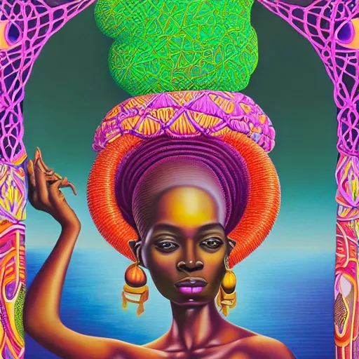 Prompt: a regal and elegant african queen with a colorful afro sitting in a cabana on top of an extremely large steampunk elephant near a pink lake with a large glowing baobab tree, by amanda sage and alex grey and evgeni gordiets in a surreal psychedelic style, oil on canvas 8k, hd