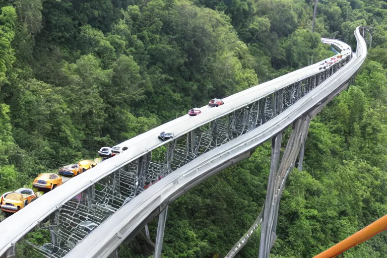 Prompt: watching traffic on a steep rollercoaster highway, not safe