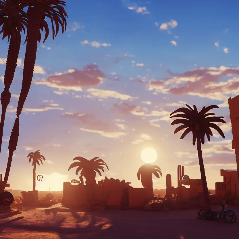 Image similar to photorealistic desert town. sunset. steampunk skeleton. palm trees. clay. clay pots. blue water. pastel clouds. lens flare. 8K. detailed. photorealism. artstation. 25mm f/1.7 ASPH Lens. ultra realistic