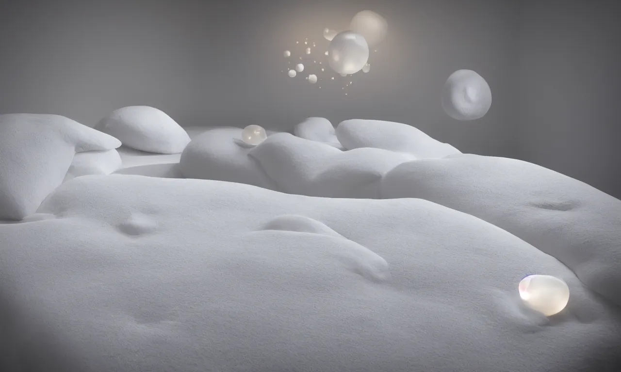 Image similar to soft vellum bedding floating in the void, comforter lobes stretched taught in places and bunched up in places, ambient occlusion, 1/40mm f/1.4 photograph of thick dough made out of aerogel, pinned together with a 2-3 softly luminous spheres pinning distant areas together, stark sunrise lighting, mound of perfect laundry floating in space