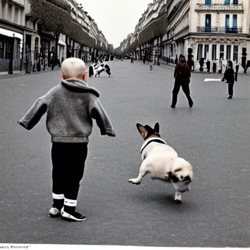 Image similar to a french boy on the streets of paris playing football against a corgi, the dog is wearing a polka dot scarf, book illustration, 1 9 6 6