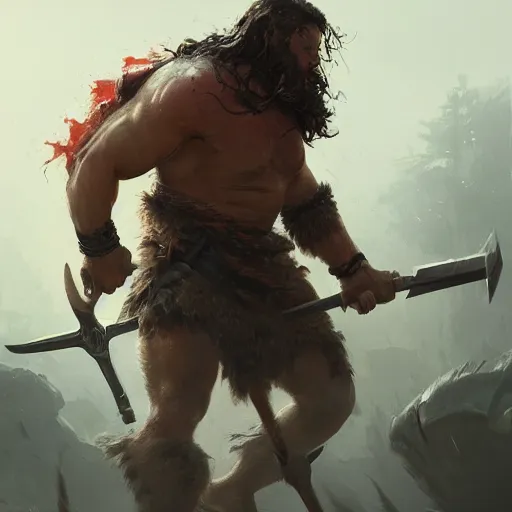 Prompt: a beautiful action portrait of a barbarian charging into battle by Greg Rutkowski and Raymond Swanland, Trending on Artstation, ultra realistic digital art