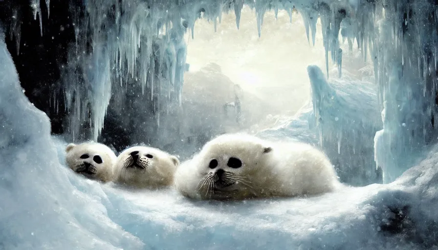 Image similar to highly detailed painting of cute furry white baby seals cuddled up inside snowy fantasy ice crystal cavern by william turner, by greg rutkowski, by william constable, thick brush strokes and visible paint layers, 4 k resolution