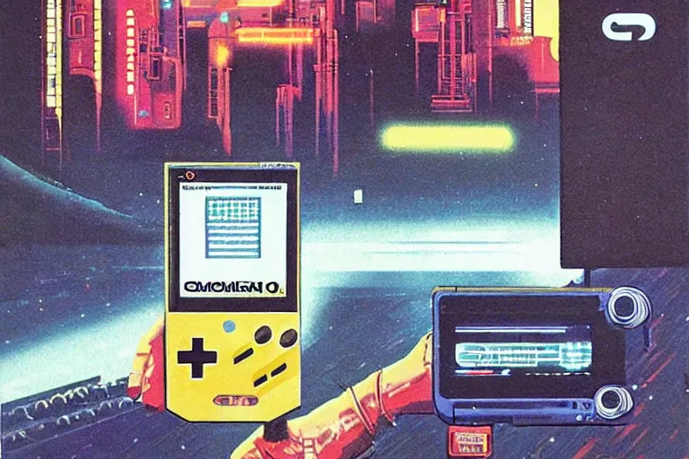 Prompt: a 1979 cover of OMNI magazine depicting a gameboy. Neo-Tokyo. Cyberpunk style art by Vincent Di Fate.