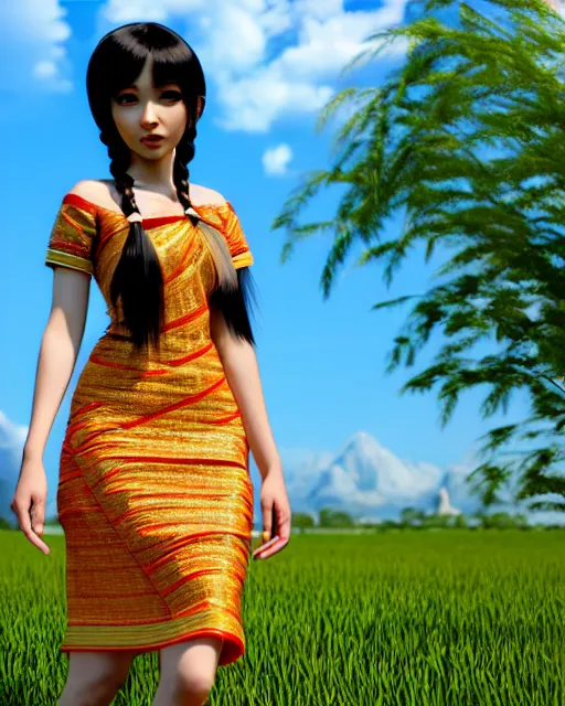 Prompt: render as a very beautiful daz 3d anime aiko girl, wearing assamese bihu mekhela sador gamosa dress, long braided black hair, hazel eyes, full round face, short smile, assam tea garden setting, cinematic lighting, medium shot, mid-shot, highly detailed, trending on Artstation, Unreal Engine 4k, daz studio genesis iray ultra hd, cinematic wallpaper by Stanley Artgerm Lau, anime masterpiece,