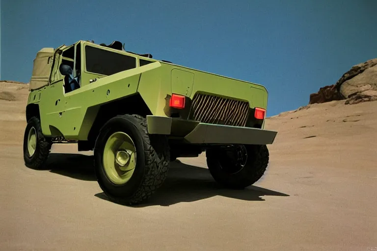 Prompt: designed by Giorgetto Giugiaro stylized poser of a single, 1973 HUMVEE, thick neon lights, ektachrome photograph, volumetric lighting, f8 aperture, cinematic Eastman 5384 film