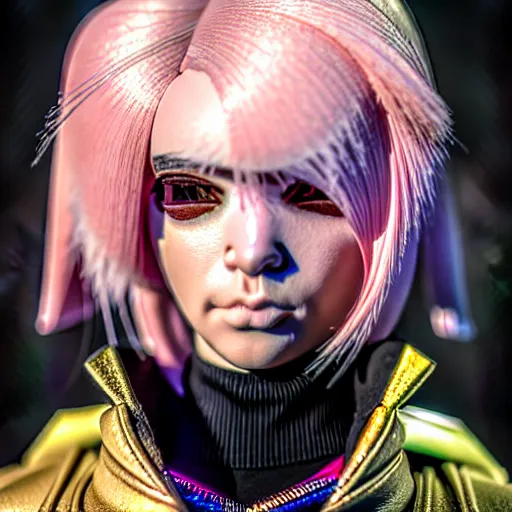 Image similar to hyperdetailed close portrait of a stunningly beautiful pink cyberpunk cute european girl with dark hair made of metals and shiny iridescent gems, dark rainbow nimbus, gold necklace, puffer jacket, inspired by ross tran and masamune shirow and kuvshinov, intricate, photorealistic, octane render, rtx, hdr, unreal engine, dnd digital art by artgerm