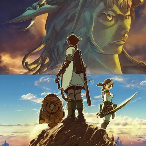 Prompt: An enormous labyrinth, Beautiful architecture, Statues, Highly detailed carvings, Atmosphere, Dramatic lighting, Epic composition, Close up, Low angle, Wide angle, by Miyazaki, Nausicaa Ghibli, Breath of The Wild