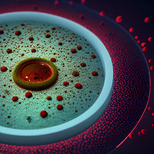 Image similar to photo of petri dish with a fungal cultures and bacteriological culture and mold with little filaments under the microscope, octane render, tilt shift, bokeh background, polaeized light, science magazine, smooth, ultrasharp focus, unreal engine 5, hyperrealism, 4 k