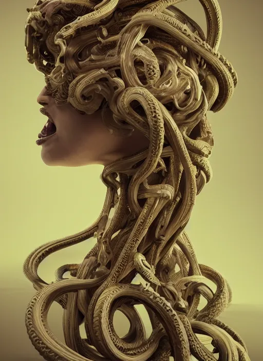 Image similar to biomechanical medusa made of soft wax, wooden art nouveau swirls, strong subsurface scattering, cables, tubes, subsurface scattering, in the style of ruan jia and beeple and giger, subsurface scattering, mystical colors, rim light, dramatic lighting, 8 k, stunning scene, raytracing, octane render, trending on artstation