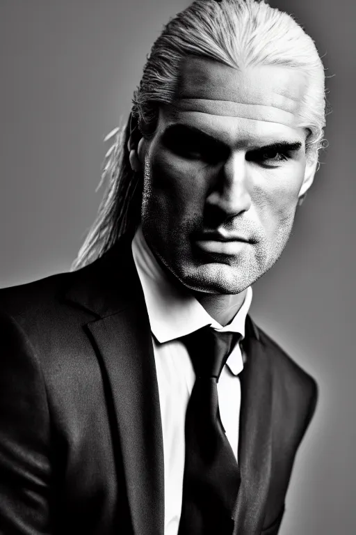 Image similar to portrait of geralt of rivia wearing an elegant tuxedo, 5 5 mm lens, professional photograph, black and white, elegant, serious, stern look