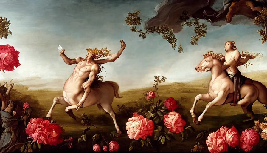 Prompt: a baroque painting of a strong , mythical centaur galloping through a field full of roses , the centaur is holding a medieval sword and shield