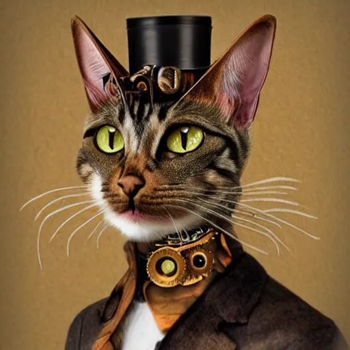 Prompt: photorealistic portrait of a steampunk cat