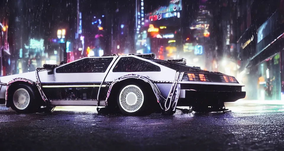 Image similar to a 2 8 mm closeup photo of a tela tron neon delorean back to the future car on wet city street at night, intricate, hyper detailed, smooth, high contrast, neon, volumetric lighting, octane, moebius, greg rutkowski, blade runner, ripley scott, mad max, cindmatic