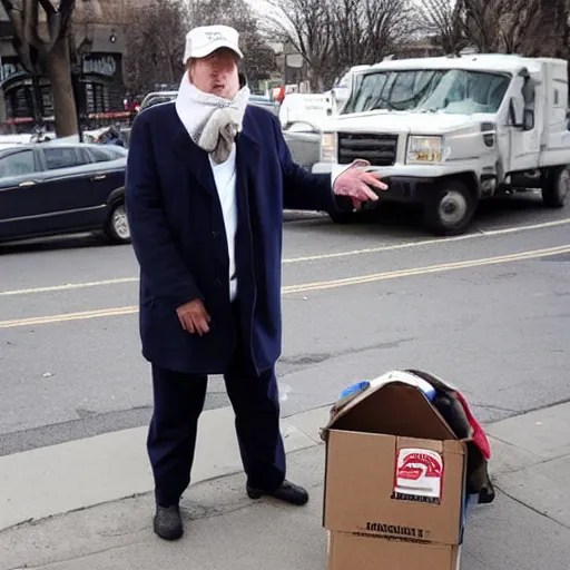 Image similar to donald trump dressed as a homeless man asking for money on the streets