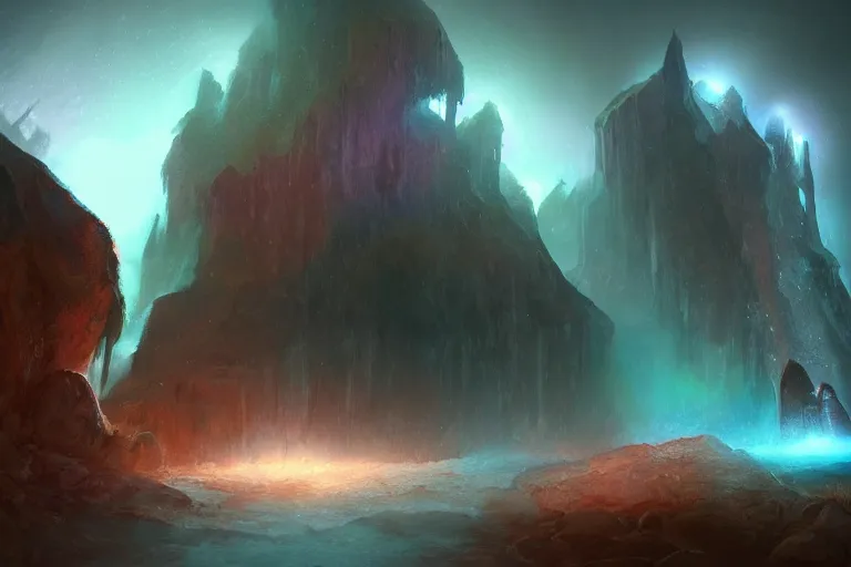 Prompt: a magical cave full of crystals, concept art, artstation, fantasy, mist, volumetric lighting