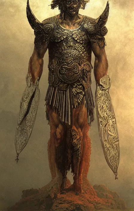 Prompt: zeus god, wearing thunder armor, ancient greek ornamented armor, beksinski, weta workshop concept art