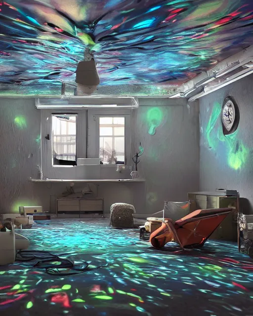 Image similar to artstation scifi scene of a safe room as ikea ad, lounge furniture, carpeted floor, sky mural on the room ceiling, holographic nature art walls, large terrarium, paneled walls, unreal engine 5, hyper realism, realistic shading, cinematic composition, blender render, octane render, hdr, detailed textures, photorealistic, wide shot