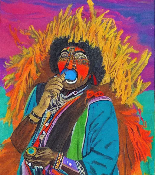 Image similar to Painting of a shaman dressed in a colorful traditional clothes. He is smoking a pipe. From the pipe there is a whole universe escaping and filing the sky