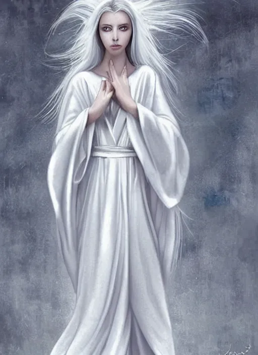 Image similar to tall thin beautiful goddess, pale wan female angel, long flowing silver hair covering her whole body, beautiful!!! painting, young face pale skin wan angel, flowing silver hair, flowing white robes, flowing hair covering front of body, white robe, white dress!! of silver hair, covered!!, clothed, unexposed, intricate robes beautiful aesthetic, mystery