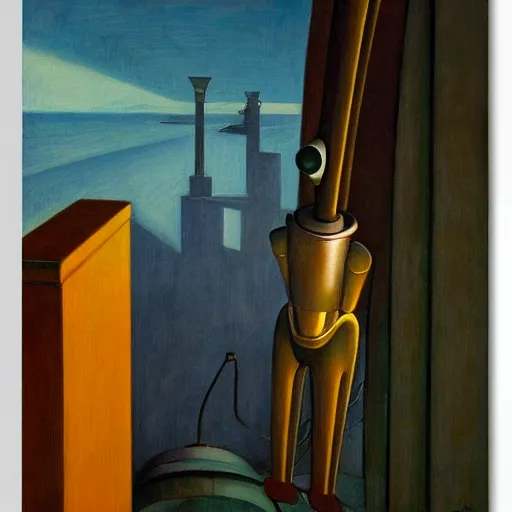 Prompt: view from bottom of a shaft looking up, robot overlords peering down, pj crook, edward hopper, oil on canvas