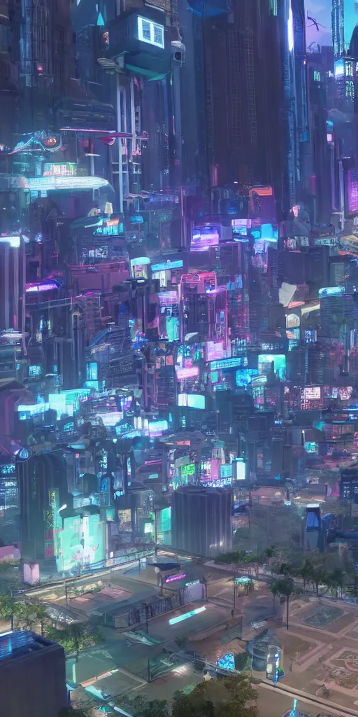 Image similar to park in the middle of a cyberpunk city drawn by jack kirby, 8 k, raytracing, unreal engine 5,