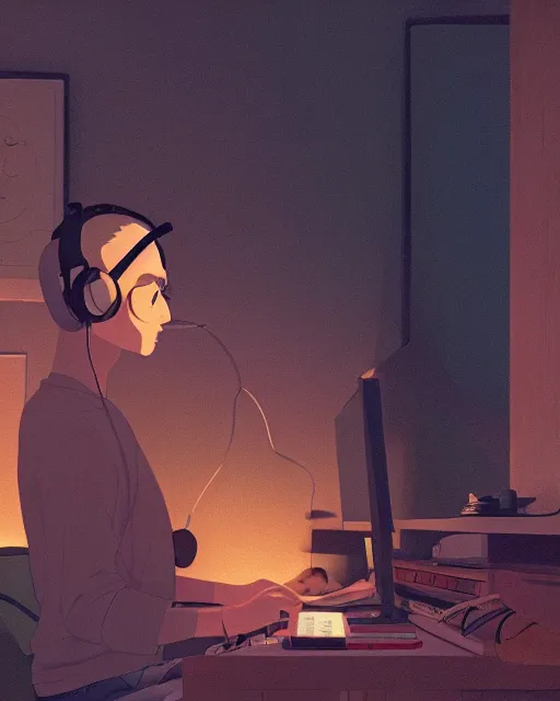 Image similar to man with headphones at his home studio producing music late at night, very detailed, 4 k, cory loftis, james gilleard, atey ghailan, makoto shinkai, goro fujita, studio ghibli, rim light, exquisite lighting, clear focus, very coherent