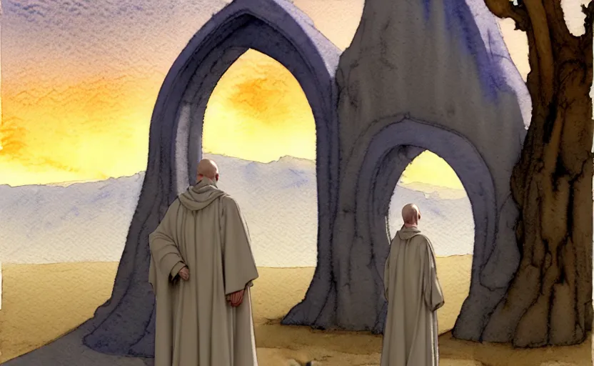 Prompt: a hyperrealist watercolor concept art of a medieval monk in grey robes at sunset day in the desert. a dimensional portal in the shape of a tree arch is in the background and an blue sky is seen through the portal. very muted colors, by rebecca guay, michael kaluta, charles vess. high detail, hq, wide shot, 4 k