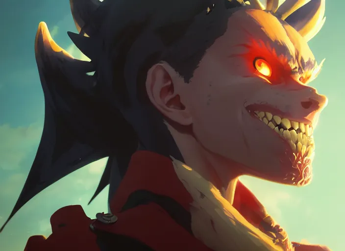 Image similar to highly detailed portrait of a demon, in my hero academia, stephen bliss, 8 k, unreal engine, fantasy art by greg rutkowski, loish, rhads, ferdinand knab, makoto shinkai and lois van baarle, ilya kuvshinov, rossdraws, tom bagshaw, global illumination, radiant light, detailed and intricate environment