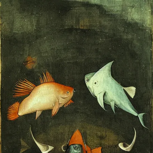 Image similar to two fishes talking to eachother in deep sea, art by hieronymus bosch