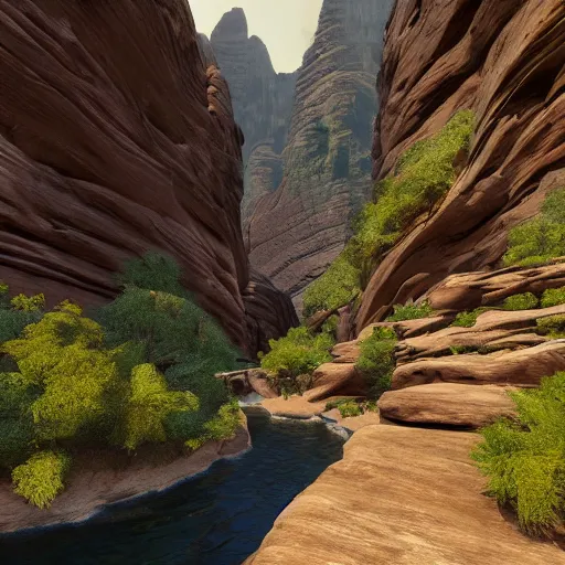 Prompt: canyon in between mountains, unreal engine, high detail, realism, award winning, detailed lighting