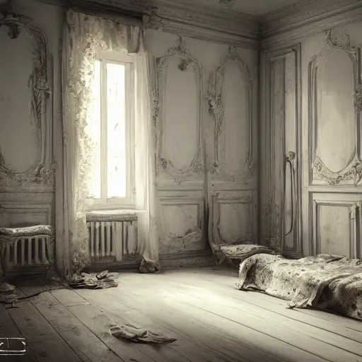 Image similar to a detalied 3 d render of a shabby chic room, by valentin franke, ilya galinsky trending of artstation, photorealism, fashion photography