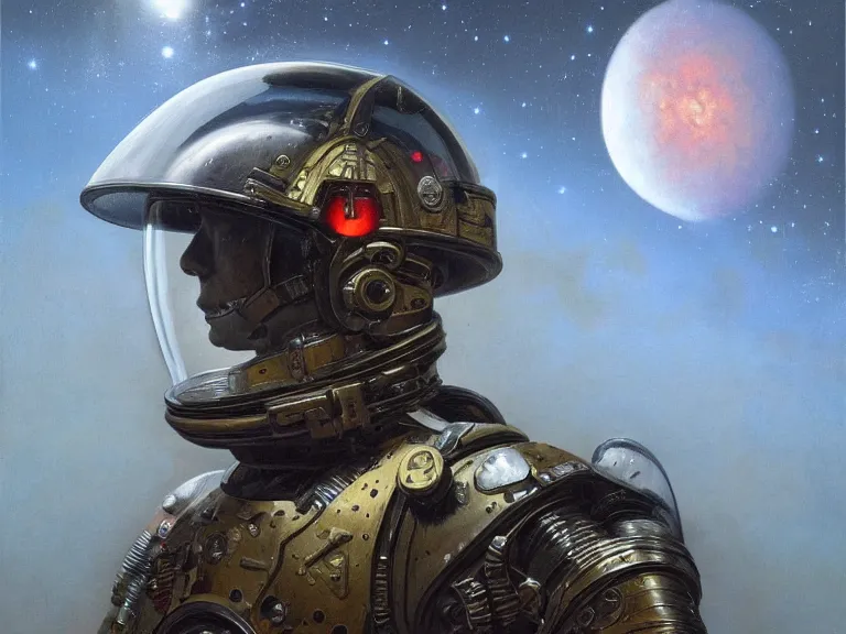 Image similar to a detailed profile oil painting of an advanced soldier in a spacesuit with reflective helmet, advanced technology flight suit, portrait symmetrical and science fiction theme with aurora lighting clouds and stars by beksinski carl spitzweg and tuomas korpi. baroque elements, full-length view. baroque element. intricate artwork by caravaggio. Trending on artstation. 8k