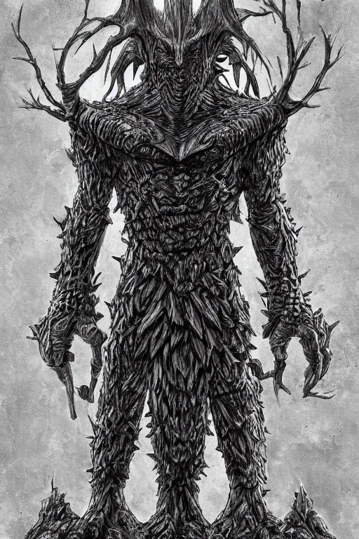 Image similar to armoured tree humanoid monster, symmetrical, highly detailed, digital art, tree armour, sharp focus, trending on art station, kentaro miura manga art style