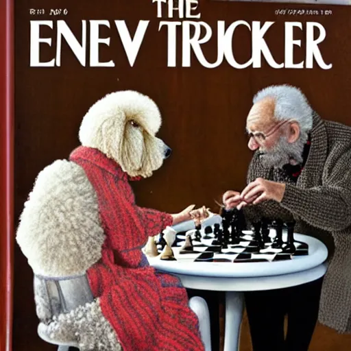 Image similar to two elderly poodles wearing sweater vests playing chess in the style of a New Yorker magazine cover