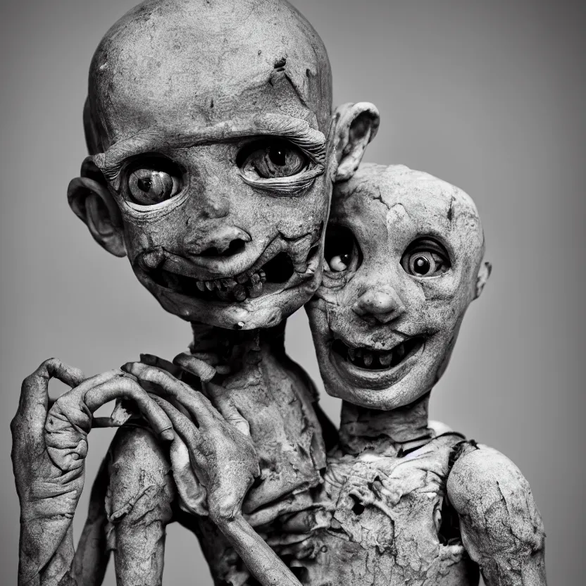 Image similar to creepy ventriloqiest dummy in the style of Roger Ballen, 4k, bw, portrait