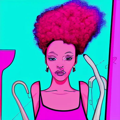 Image similar to a woman with a pink afro looking across the bar at you, synthwave, digital art, colorful