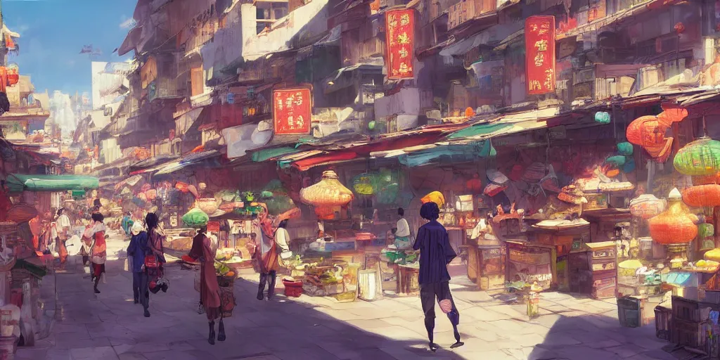 Prompt: Concept art by Makoto Shinkai of a lively, full of life market with merchants spread along an alley full with human activities, Chinese old city, Chinese shophouses, vivid, sunny.