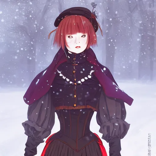 Image similar to wearing full clothing in full clothing victorian dress, beautiful anime woman, purple hair, red eyes, weapon, steampunk, symmetrical face, symmetrical eyes, full round face, short smile, detailed, winter setting, cinematic lighting, medium shot, mid - shot, makoto shinkai, artgerm, ilya kuvshinov, loish