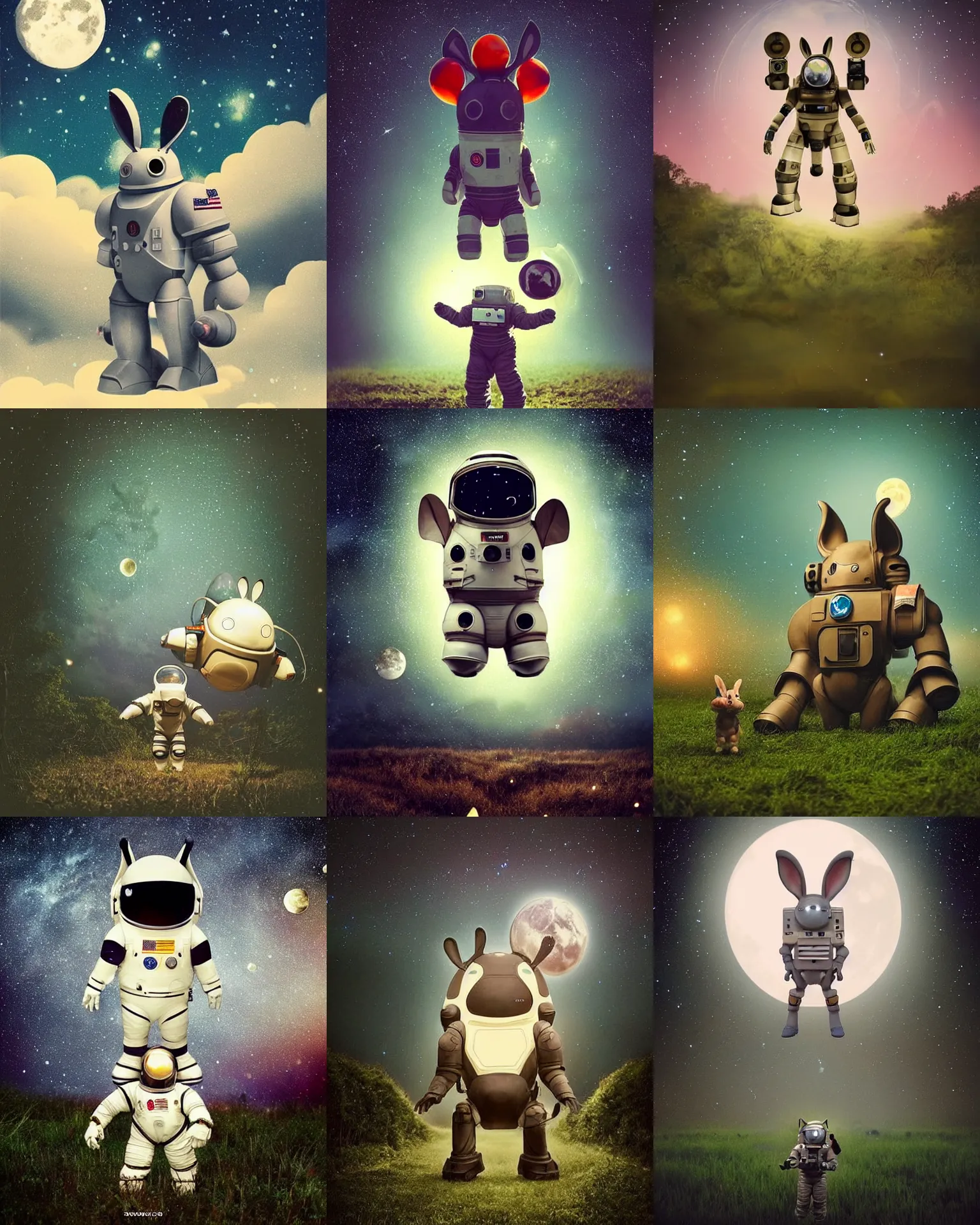 Prompt: dynamic pose !!!giant oversized battle rabbit astronaut robot chubby mech with big ears , on jungle night !!! , fireflies in front, full body , Cinematic focus, Polaroid photo, vintage , neutral dull colors, soft lights, foggy , stars moon , by NASA , by oleg oprisco , by victor enrich , by gregory crewdson , by discovery channel , by most wanted