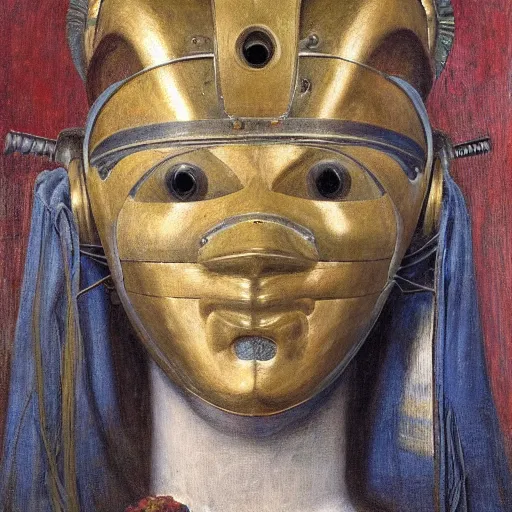 Image similar to masterpiece painting of the head of a robot wearing a mask made of flowers, by annie swynnerton and diego rivera and jean delville and tino rodriguez, flower mask, symbolist, dramatic lighting, god rays, elaborate geometric ornament, art brut, soft cool colors, smooth, sharp focus, extremely detailed, adolf wolfli