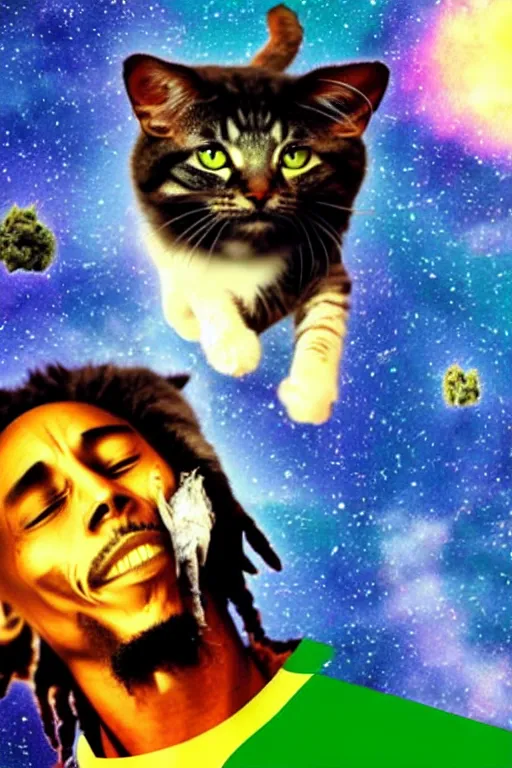 Image similar to A Bob Marley cat floating in space with cannabis