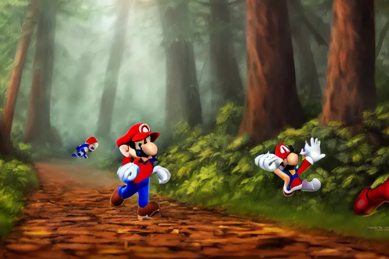 Image similar to Mario chasing Sonic the Hedgehog through the woods with a chaisaw and a hockey mask in the style of Friday the 13th, oil painting, very realistic, forest setting, evil, gritty, featured on artstation